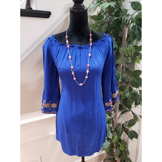Umgee Women Blue Solid Polyester Scoop-Neck Long Sleeve Knee Length Dress Size S
