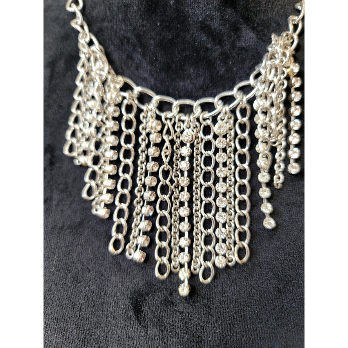 Women's Silver Rhinestone Chain Fringe Statement Bib Necklace Fashion Jewelry