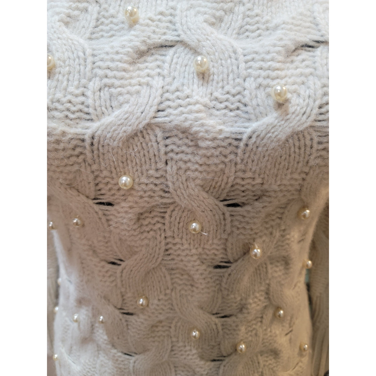 Ann Taylor Pullover Sweater Women's Medium Cream Embellished Pearl Ribbed Hem
