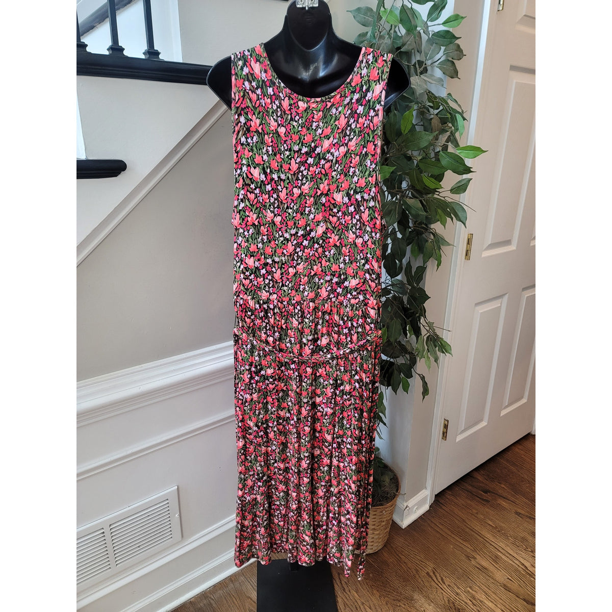 Terra & Sky Maxi Dress Women 1X Black Pink Stretch Floral Tie Waist Ruffle Hem
