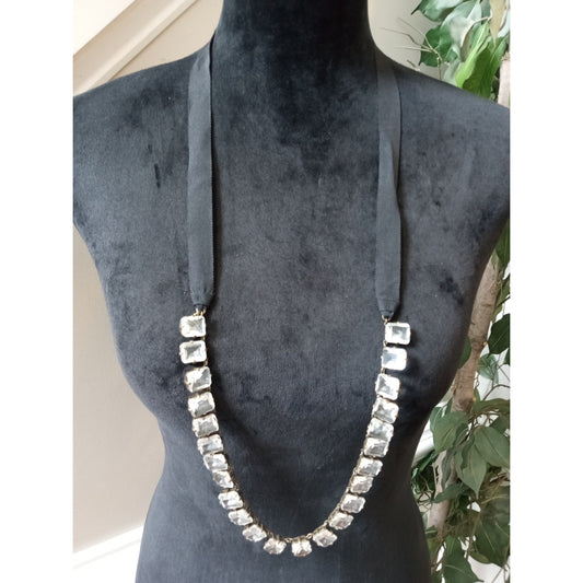Black Ribbon Necklace Silver Tone Crystal Bar Statement Long Pendant Necklace