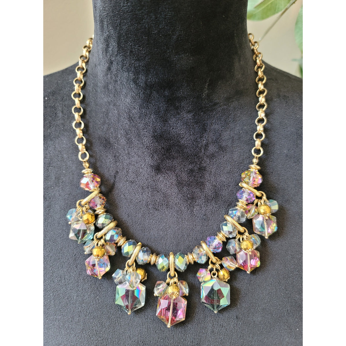 Women's Gold Chain Necklace With Iridescent Crystal Beads And Lobster Clasps