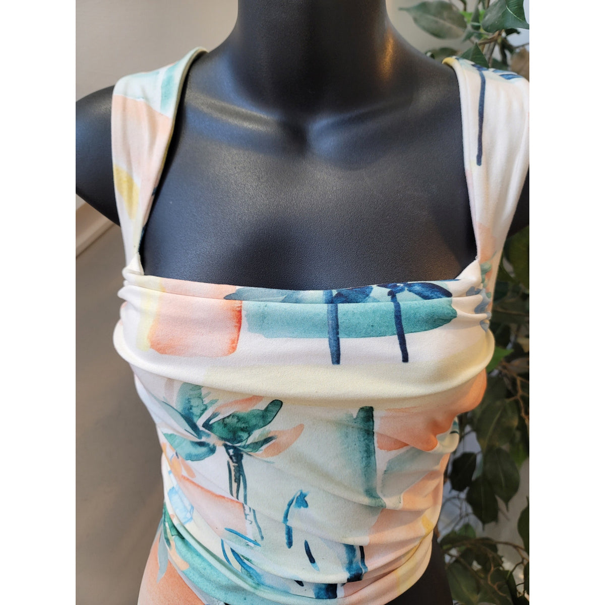ASOS Midi Dress Women's 12 Multi Stretch Tropical Palm Tree Knot Front Ruched