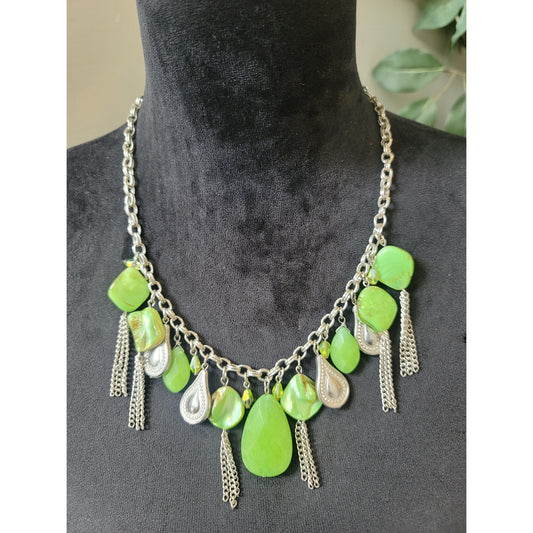 Women's Green Teardrop Bib Statement Necklace Lobster Clasp Dangle Beads