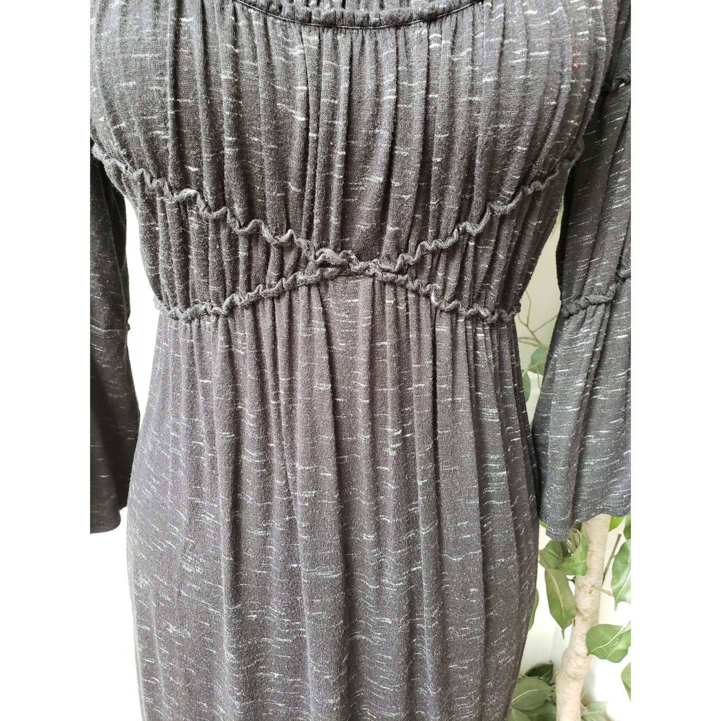 Max Studio Shift Dress Womens XS Black Stretch Ruched Knee Length Flared Sleeve