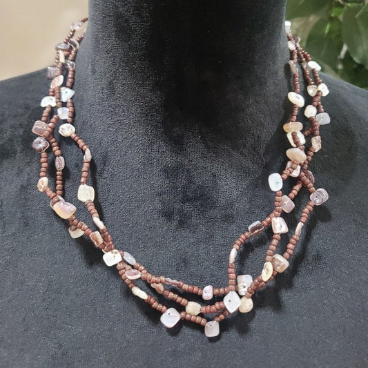 Womens Boho Style Triple Strand Brown Beaded Multicolor Shell Beads Necklace