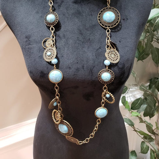 Chico's Women Fashion Belt Faux Turquoise Long Collar Necklace w/ Lobster Clasp