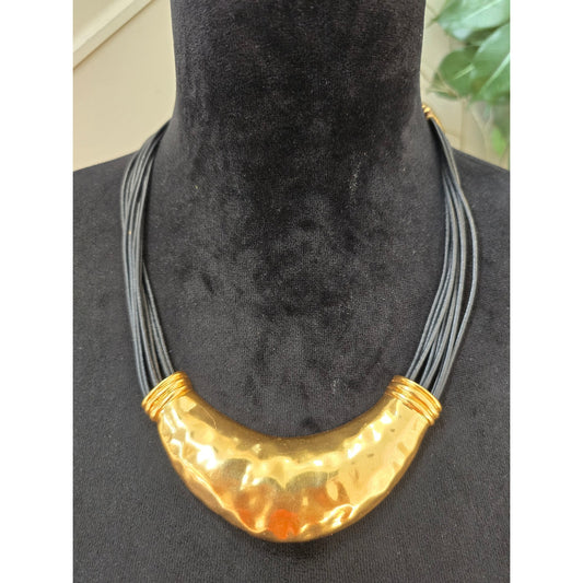 Hammered Gold Tone Crescent Bib Statement Necklace Black Multi Cord