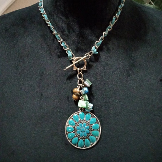 Womens Fashion Rhinestone Bead Charm Big Floral Pendant Necklace with Toggle