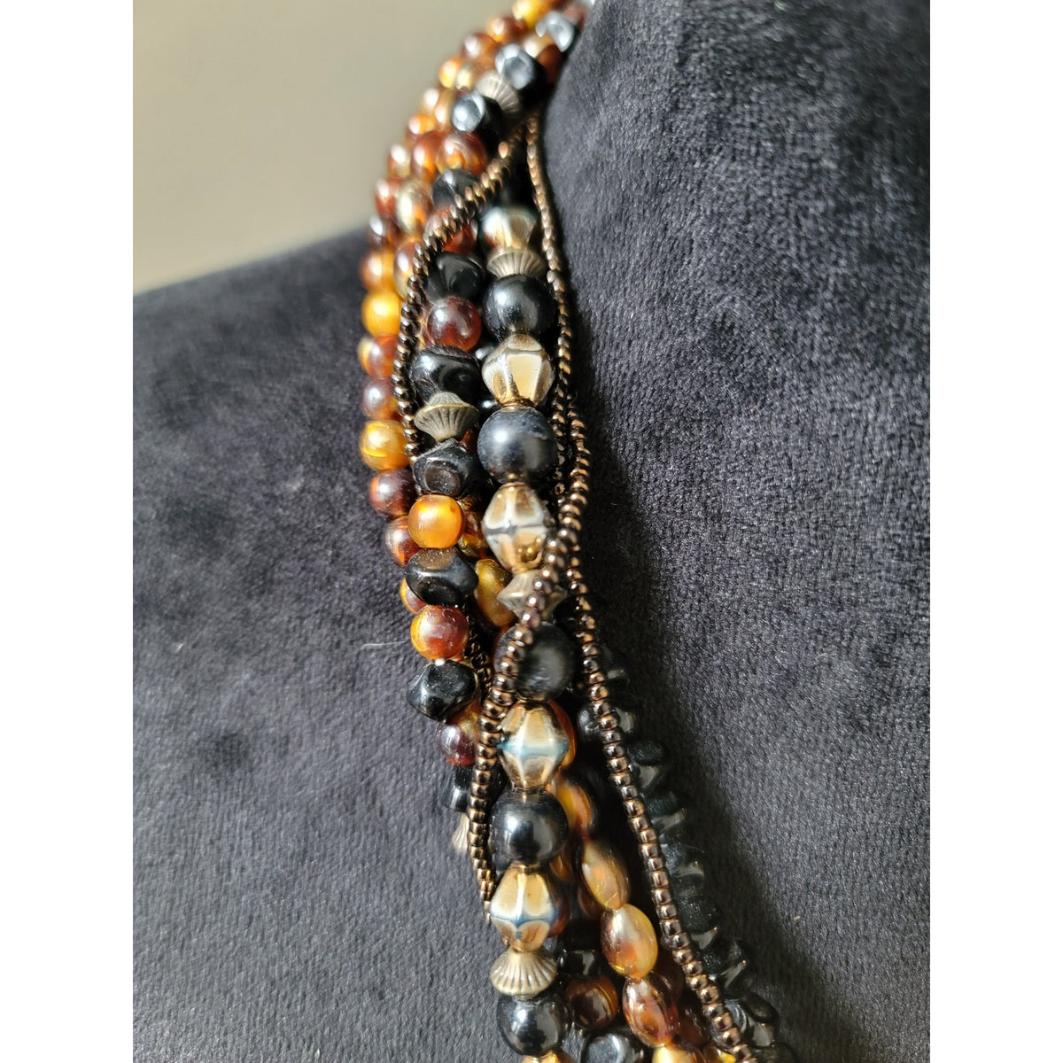 Chico's Women's Multi Strand Beaded Necklace Black Brown Gold Tones Lobster Clasp