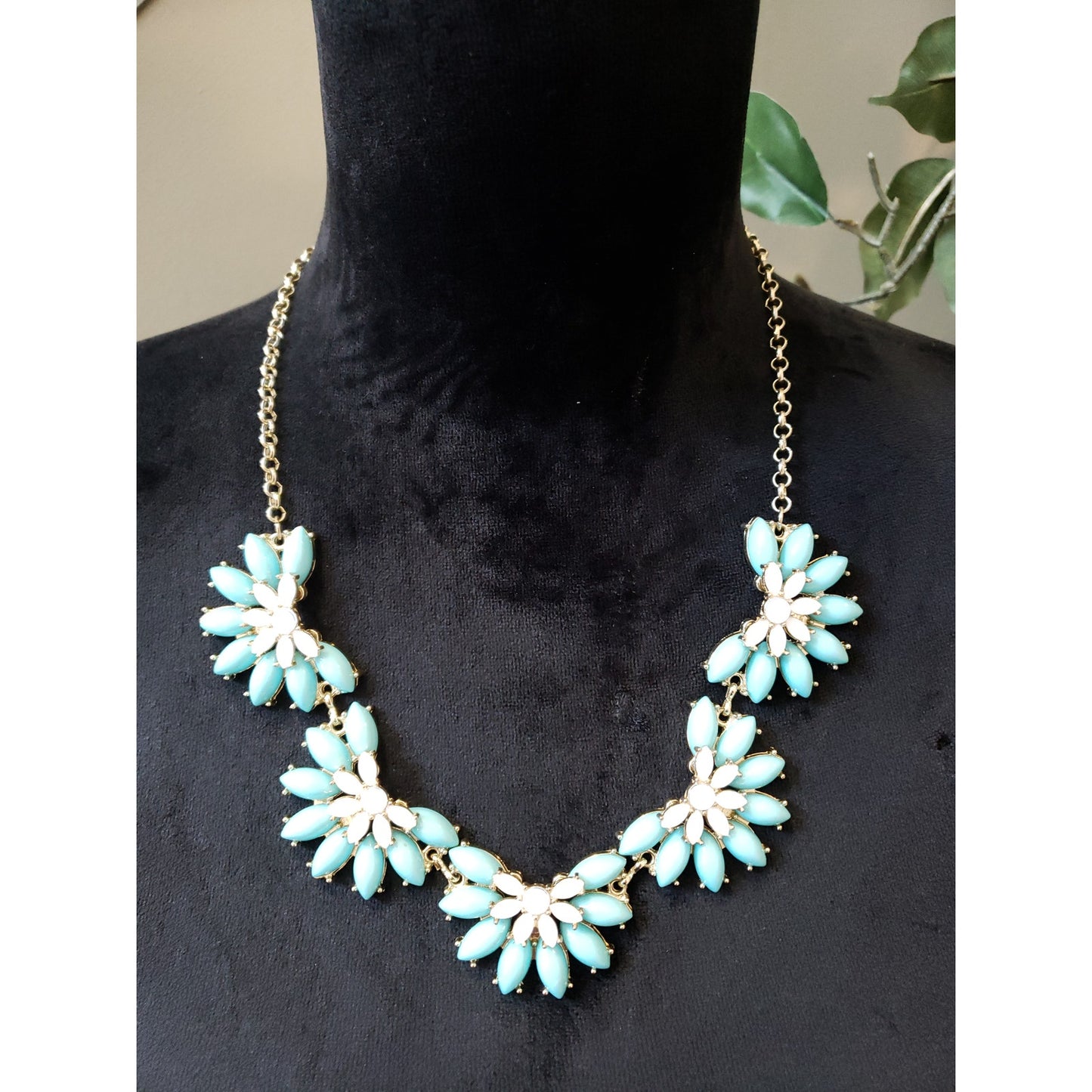 Women's Turquoise Flower Statement Necklace White Accents Lobster Clasp