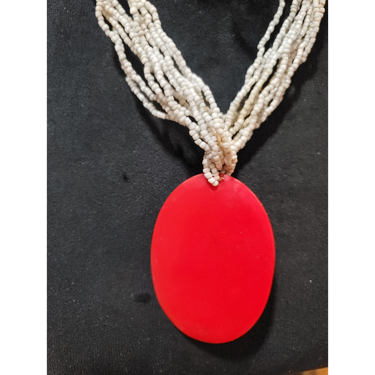 Womens White Beaded Necklace With Large Red Oval Pendant And Button Lock Jewelry