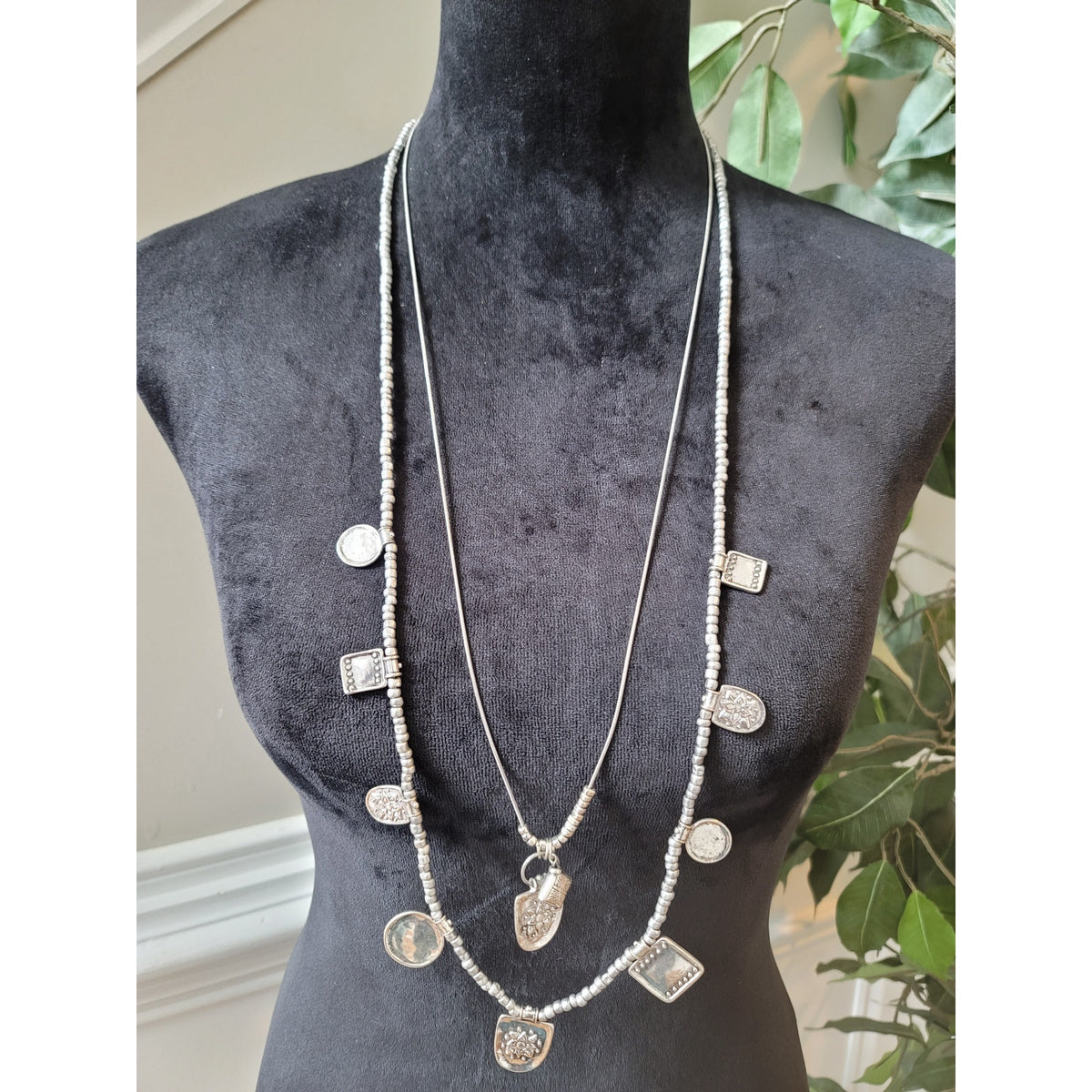Chico's Women's Long Silver Beaded Necklace With Charms And Lobster Claw Lock