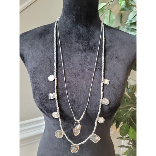 Chico's Women's Long Silver Beaded Necklace With Charms And Lobster Claw Lock