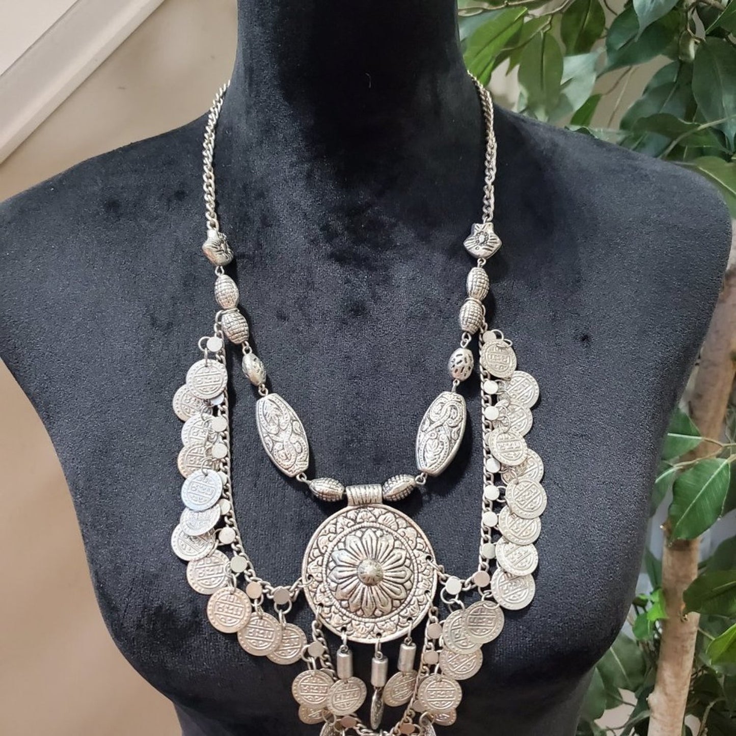 Womens Silver Center Coin Extender Chain Statement Necklace with Lobster Clasp