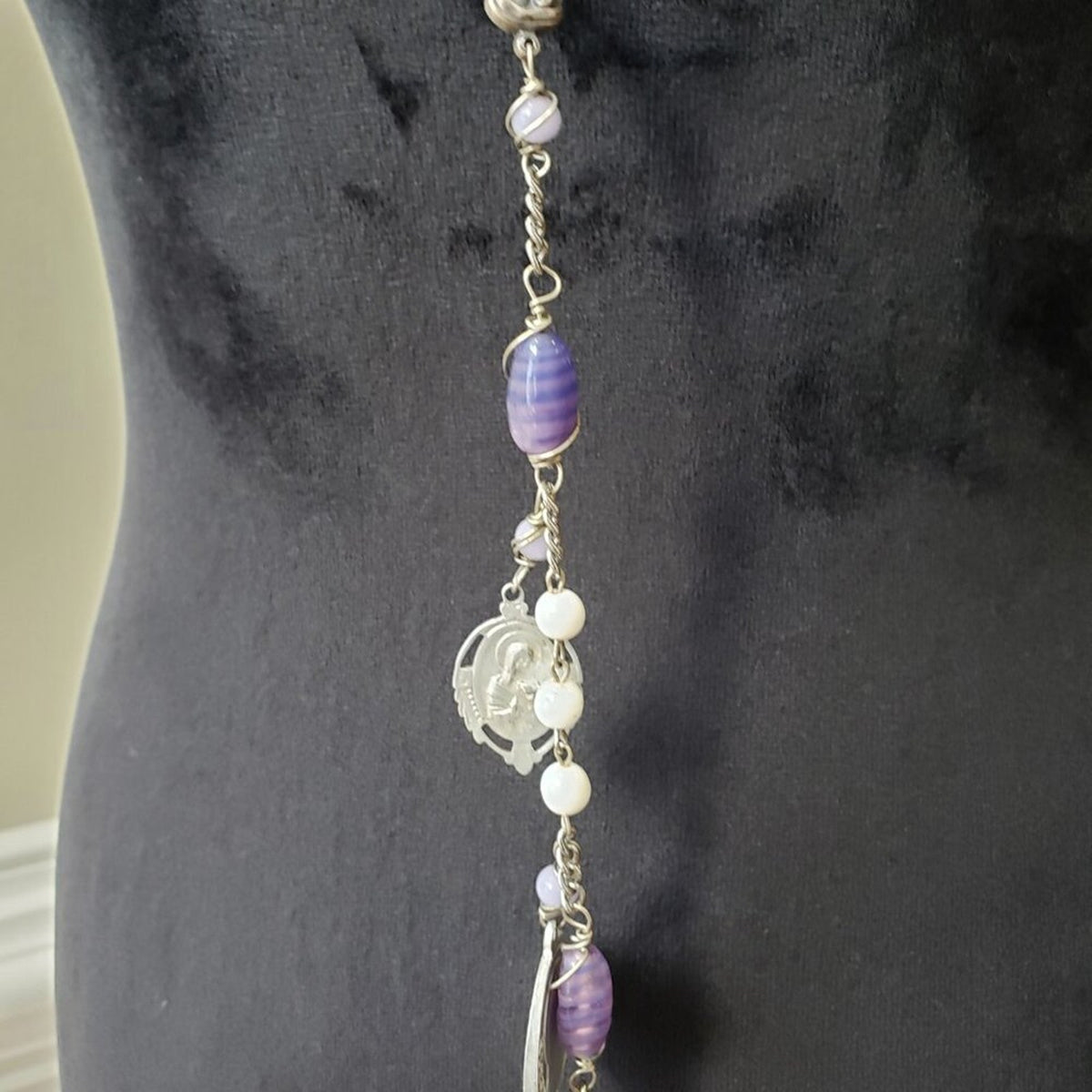 Women White Glass Beaded Patients Patron Saint Pendant Necklace w/ Lobster Clasp