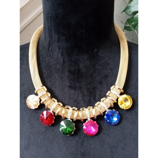 Gold Tone Mesh Collar Necklace Colorful Faceted Crystal Charm Statement Jewelry