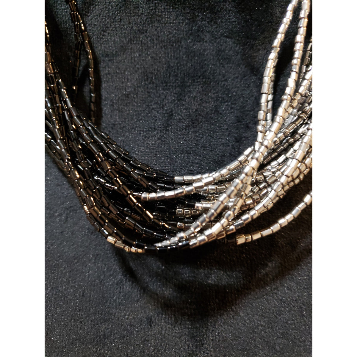 Women Black & Silver Multistrand Beaded Necklace Layered Statement Jewelry