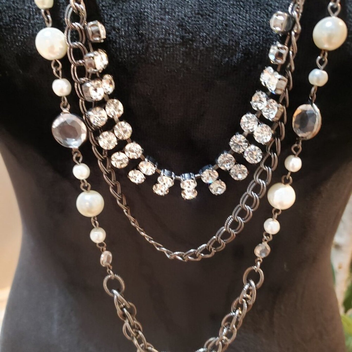 Womens Ivory & Clear Crystal & Pearl Beaded Necklace Jewelry with Lobster Clasp