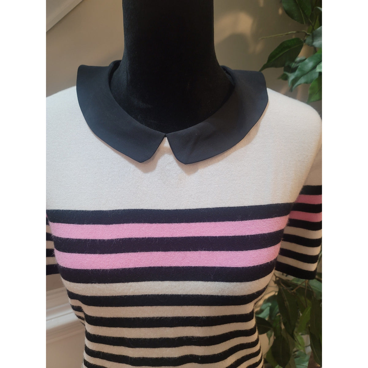 Elle Pullover Sweater Women XL White/Black Striped Peter Pan Collar Short Sleeve
