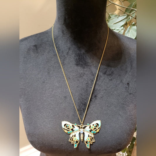 Womens Multi Encrusted Rhinestone Filigree Butterfly Pendant Necklace w/ Lobster