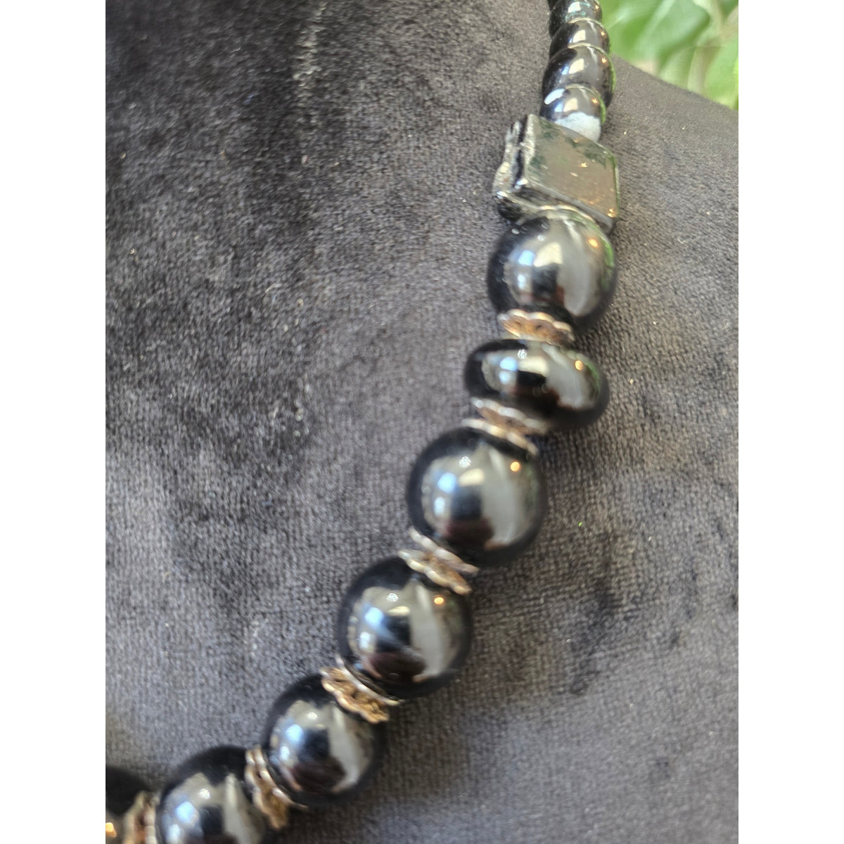 Chunky Black Gray Metallic Beaded Silver Tone Collar Necklace