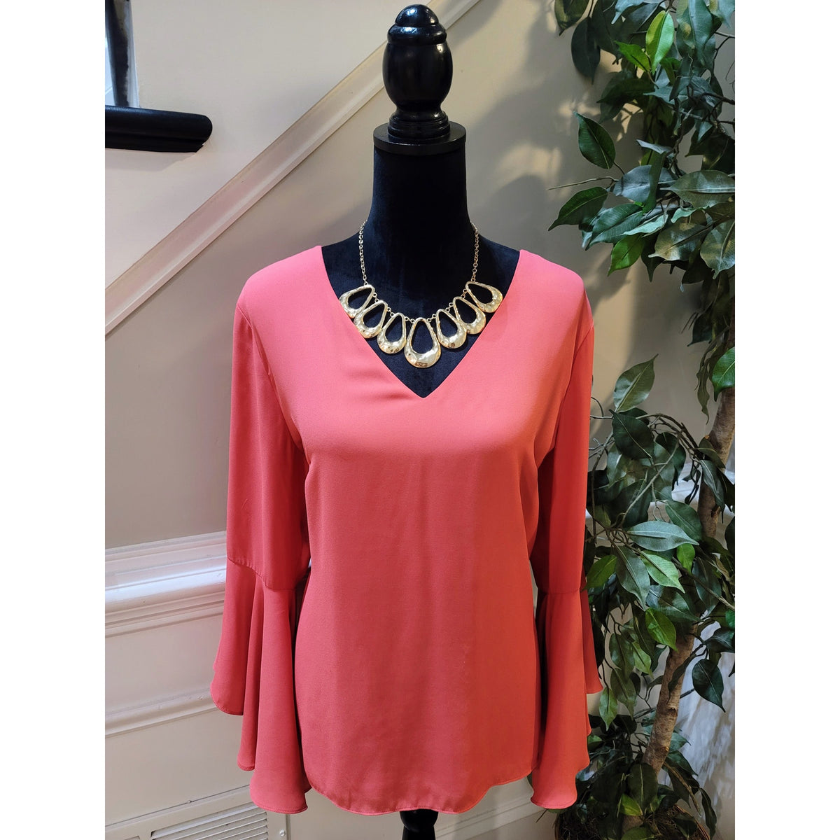 White House Black Market Blouse Women's Coral Orange V-Neck Bell Sleeve XL