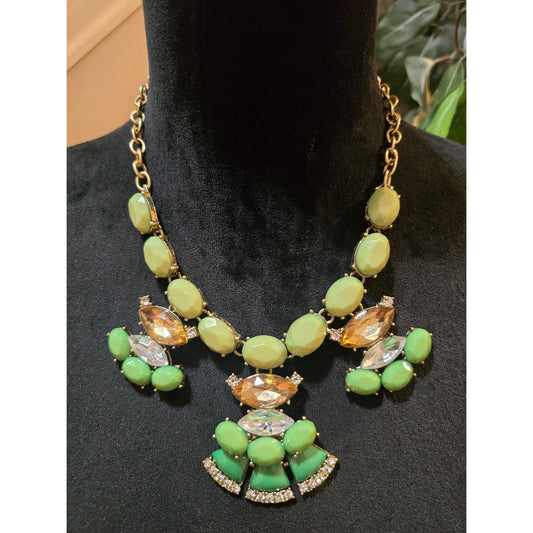 Women's Green Statement Necklace Faceted Beads Rhinestone Gold Tone Bib Style