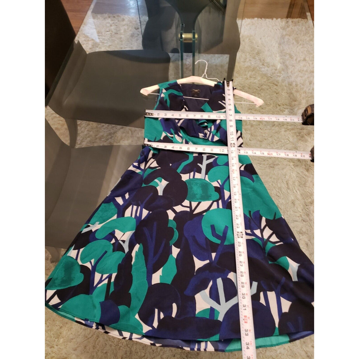 Ann Taylor Womens Blue & Green Polyester V-Neck Sleeveless Knee Length Dress 00P