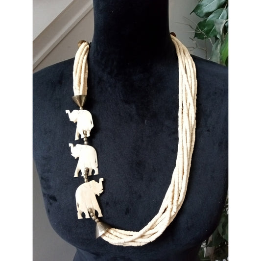 Ivory Multi Strand Elephant Pendant Necklace Boho Tribal Statement Jewelry
