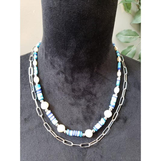 Women's Multilayer Beaded Necklace Blue Shell Pearl Chain Choker Jewelry