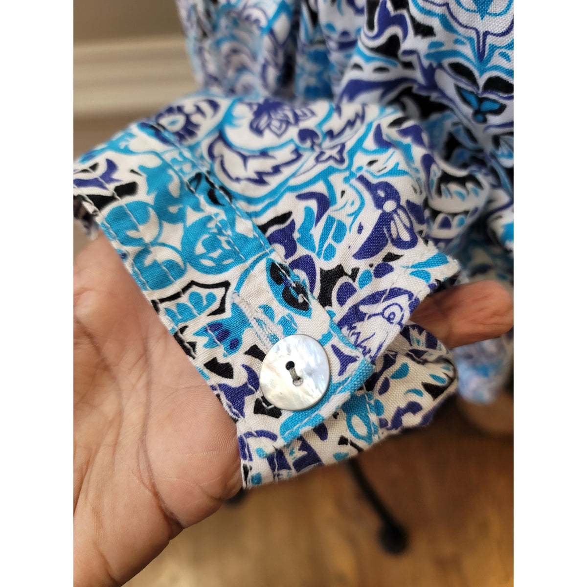 Ruby Rd. Cropped Jacket Womens SZ 10P Blue/White Paisley Button Front 3/4 Sleeve