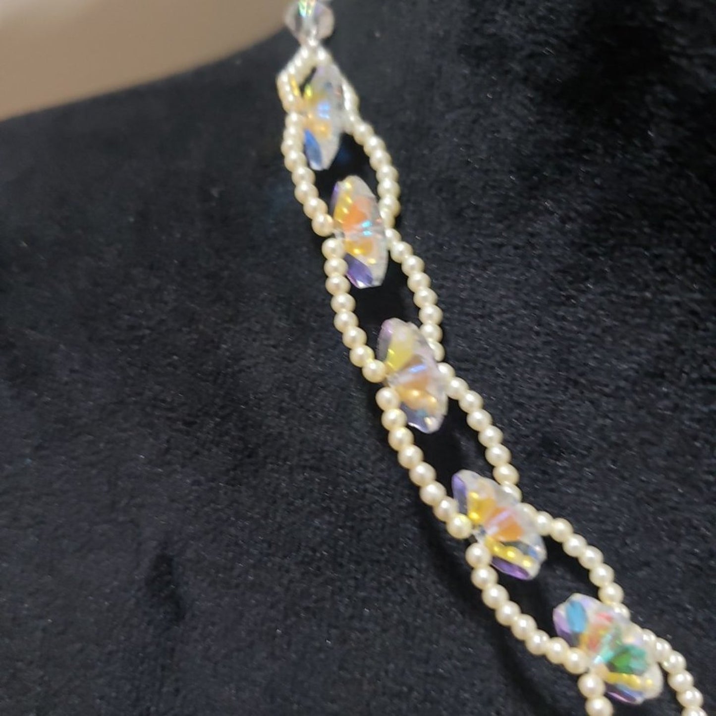 Womens Fashion Beaded Clear Crystal Faux Pearl Choker Necklace