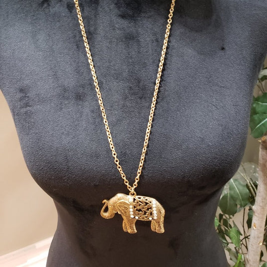 Womens Fashion Gold Tone Elephant Pendant Long Collar Necklace w/ Lobster Clasp