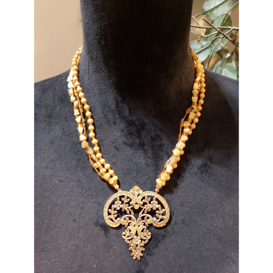 Womens 3 Strand Yellow Chunky Beads Encrusted Crystals Filigree Pendant Necklace