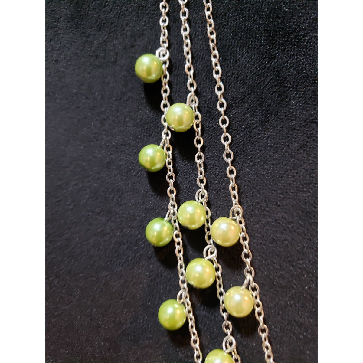 Women 3 Layered Silver Tone Green Faux Pearl Drippy Statement Necklace Jewelry