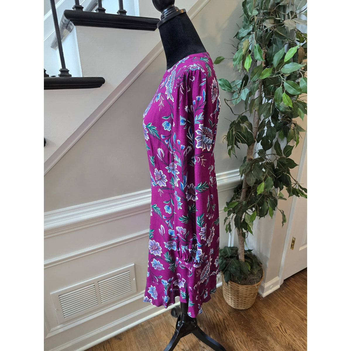 Loft Fit & Flare Dress 8 Plum Purple Floral Puff Shoulder Back Zip Casual Party