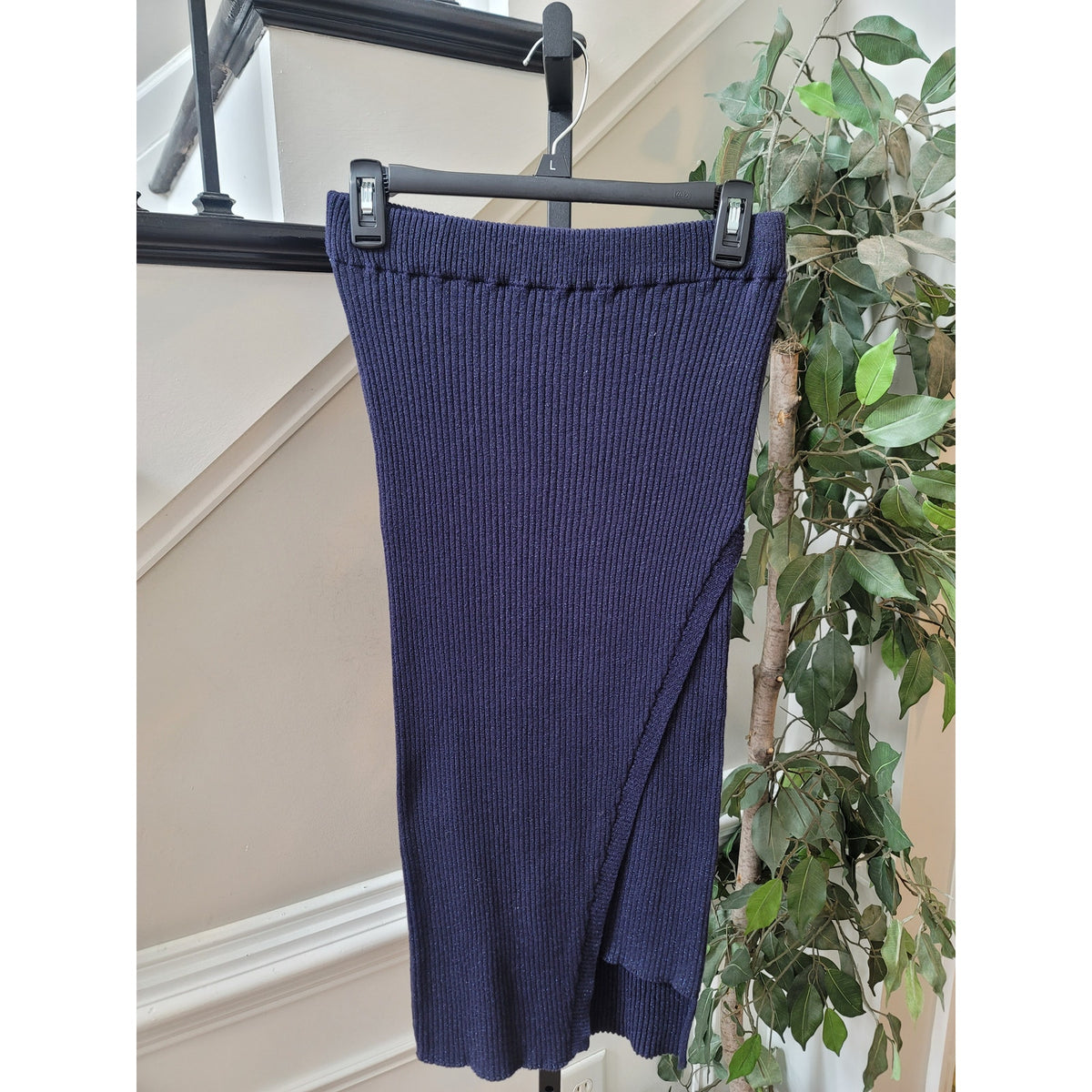 Aqua Pencil Skirt Women's Small Navy Glitter Ribbed Wrap-Front Slit Stretch