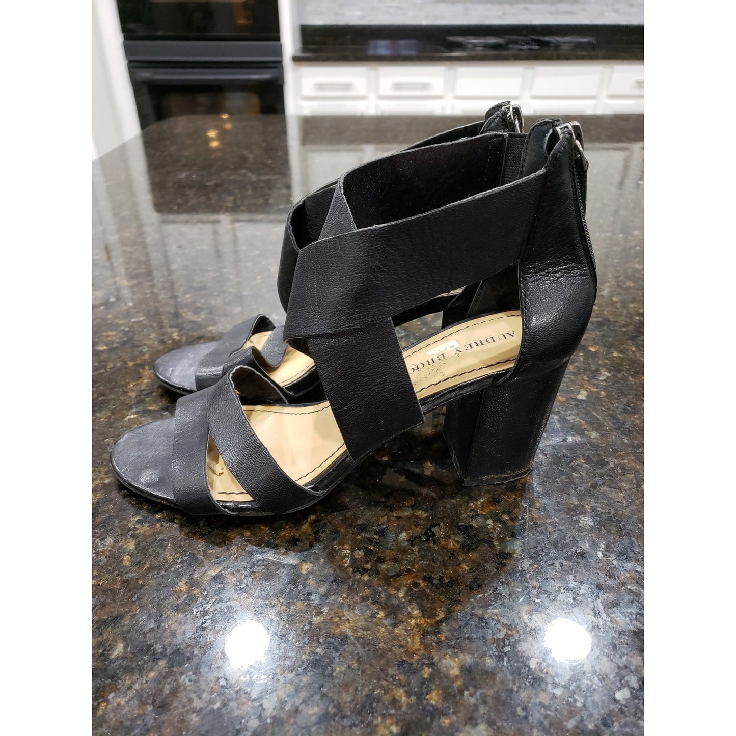 Audrey Brooke Sandal Womens Size 9 Black Leather Double Two Straps Block Heel