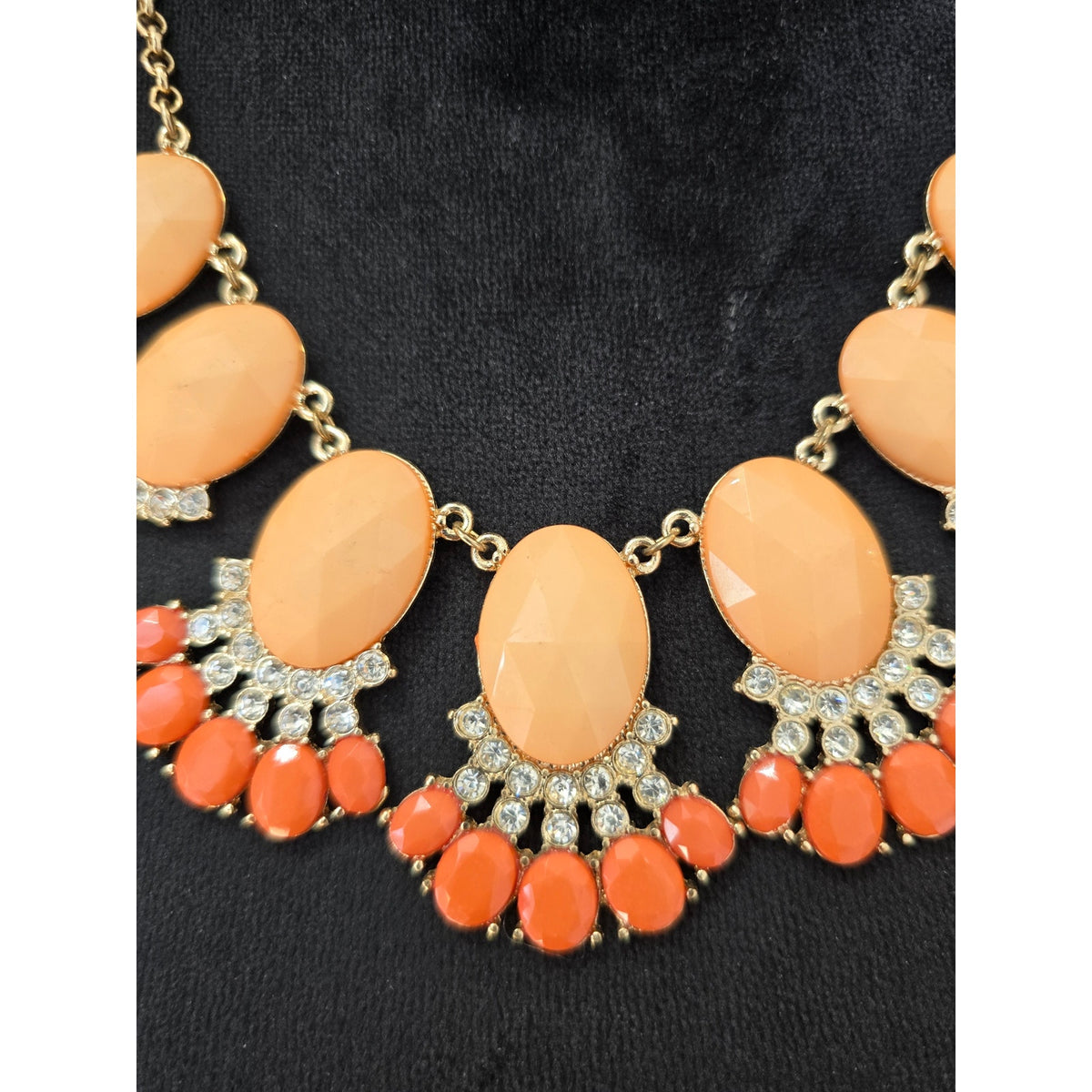 Orange Gold Tone Rhinestone Teardrop Bib Statement Necklace