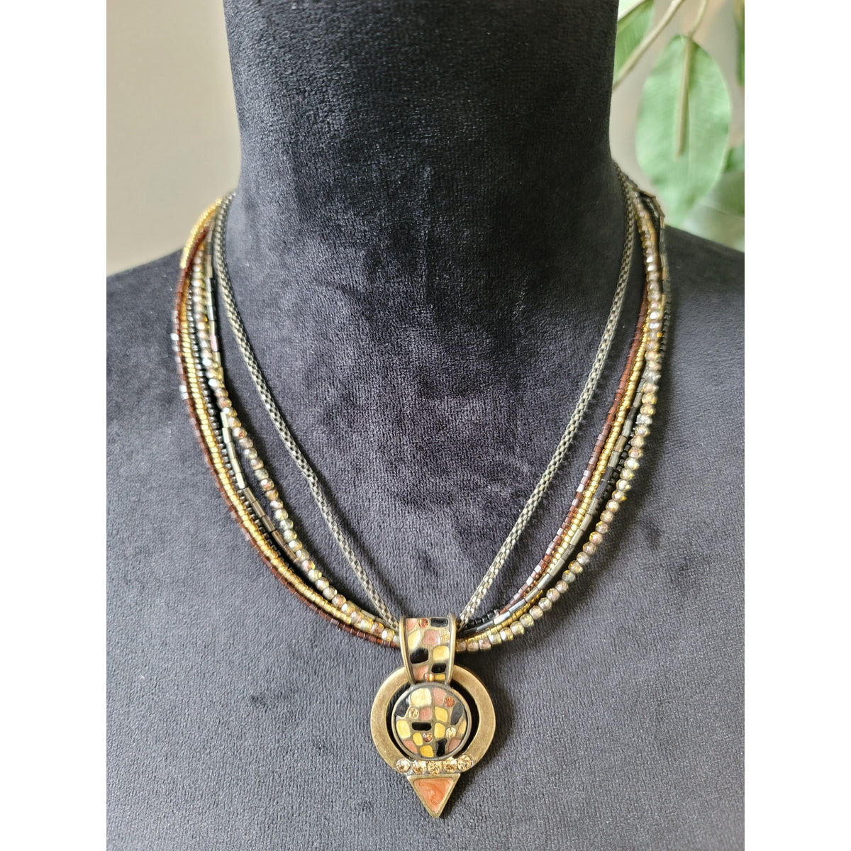Chico's Multi Strand Beaded Necklace With Geometric Pendant Lobster Clasp Jewelry