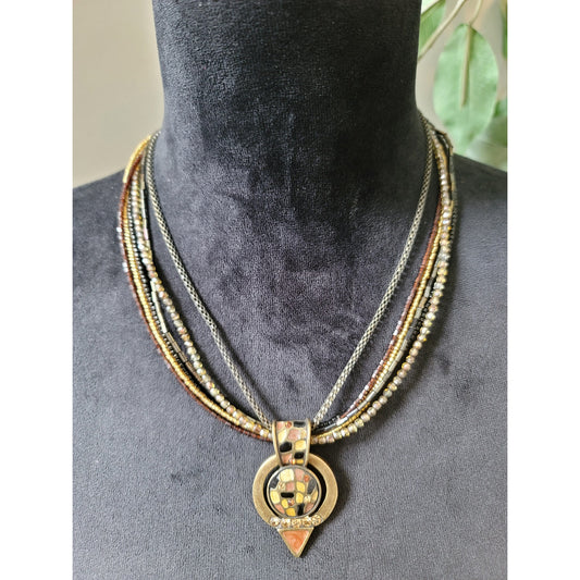 Chico's Multi Strand Beaded Necklace With Geometric Pendant Lobster Clasp Jewelry