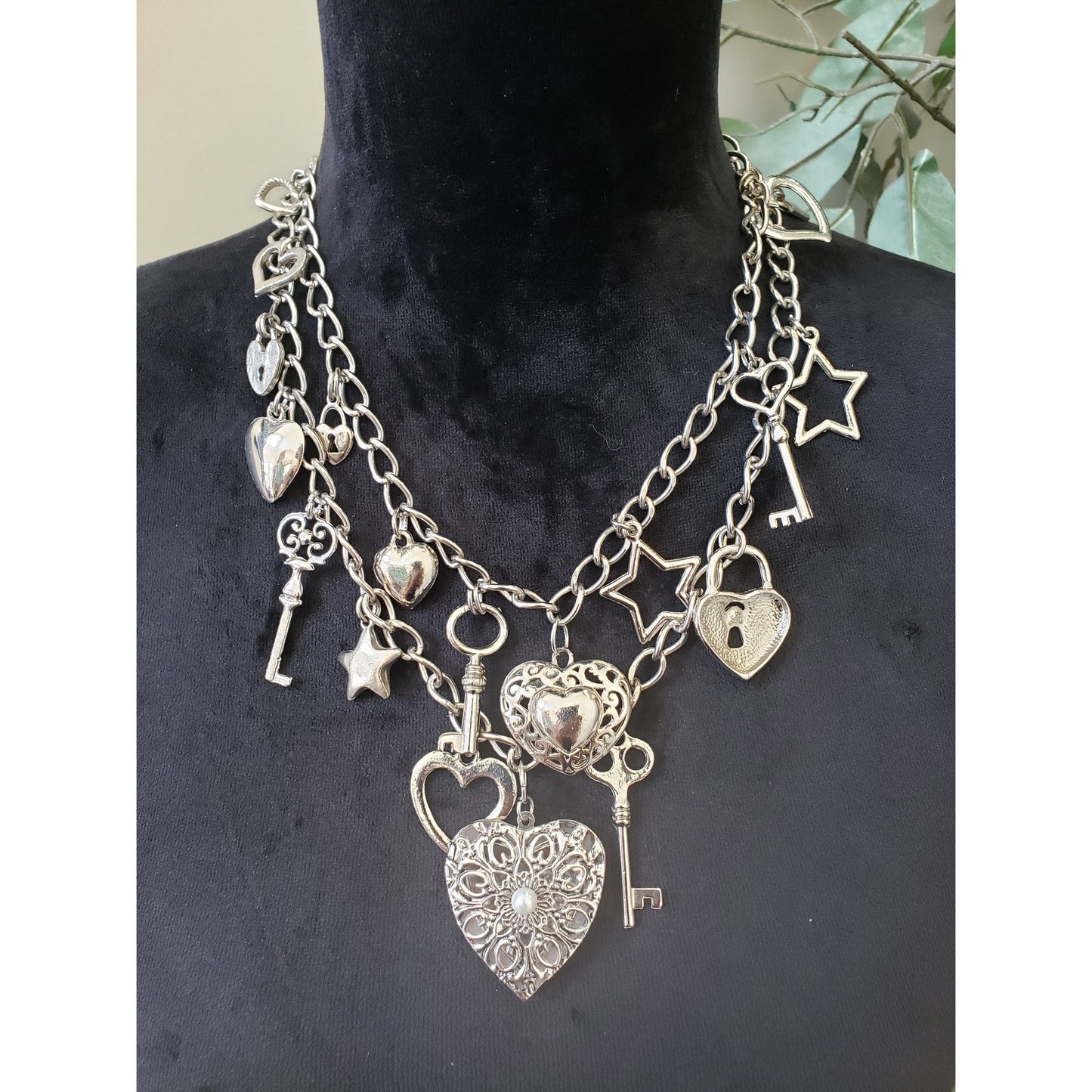 Womens 2 Strand Silver Plated Heart Star Key Charms Necklace with Toggle Clasp
