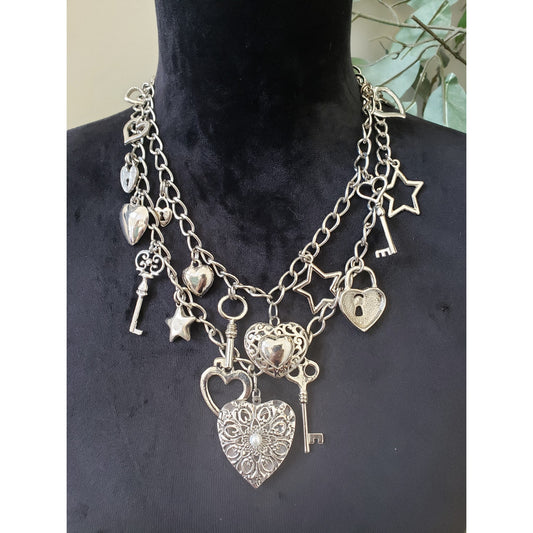 Womens 2 Strand Silver Plated Heart Star Key Charms Necklace with Toggle Clasp
