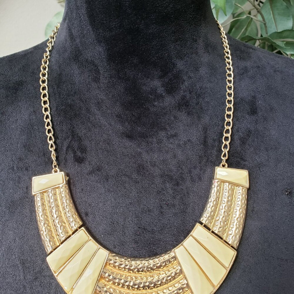 Women's Egyptian Style Box Chain Gold Tone Bib Statement Necklace with Lobster