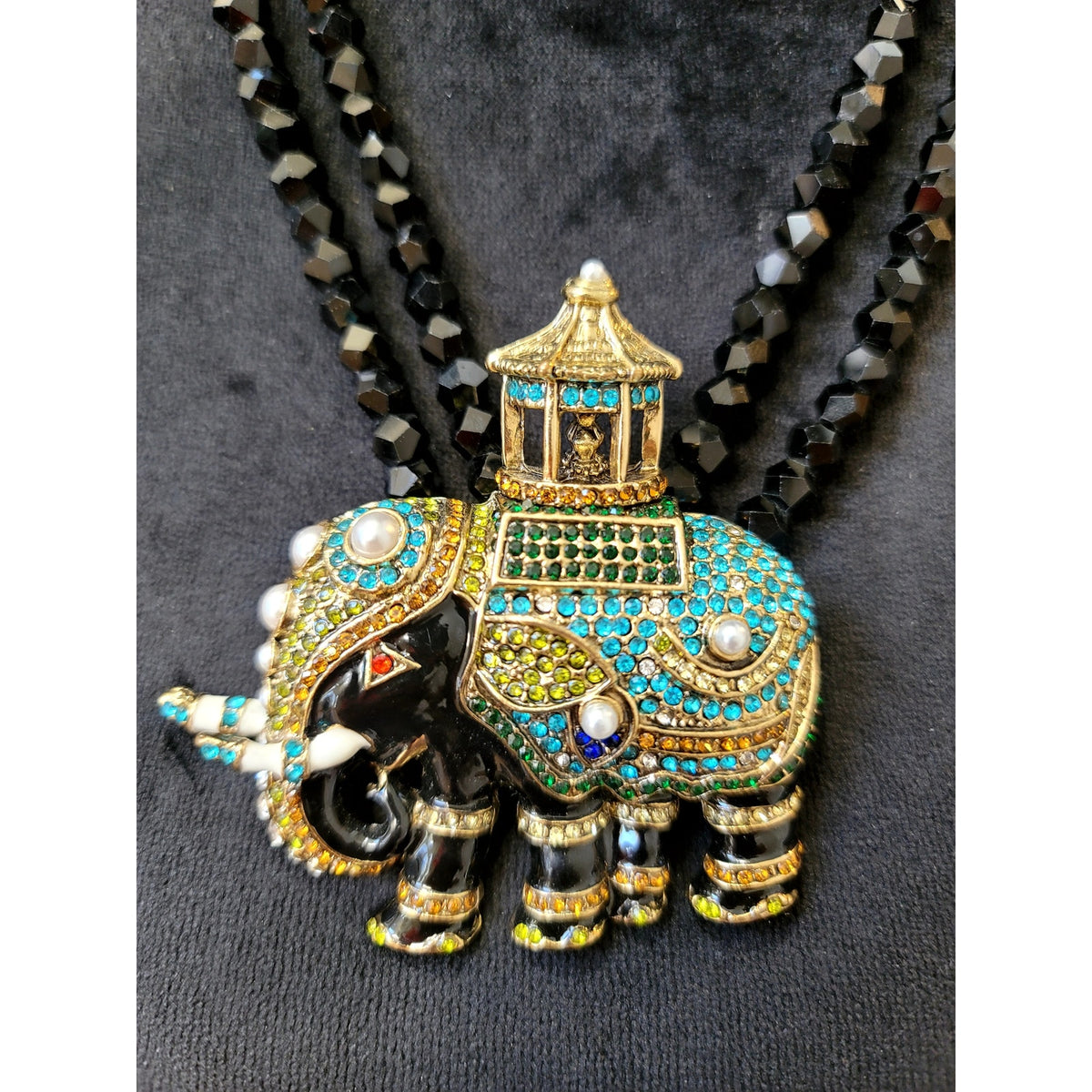 Black Beaded Elephant Pendant Necklace Turquoise Crystal Multi-Strand Statement