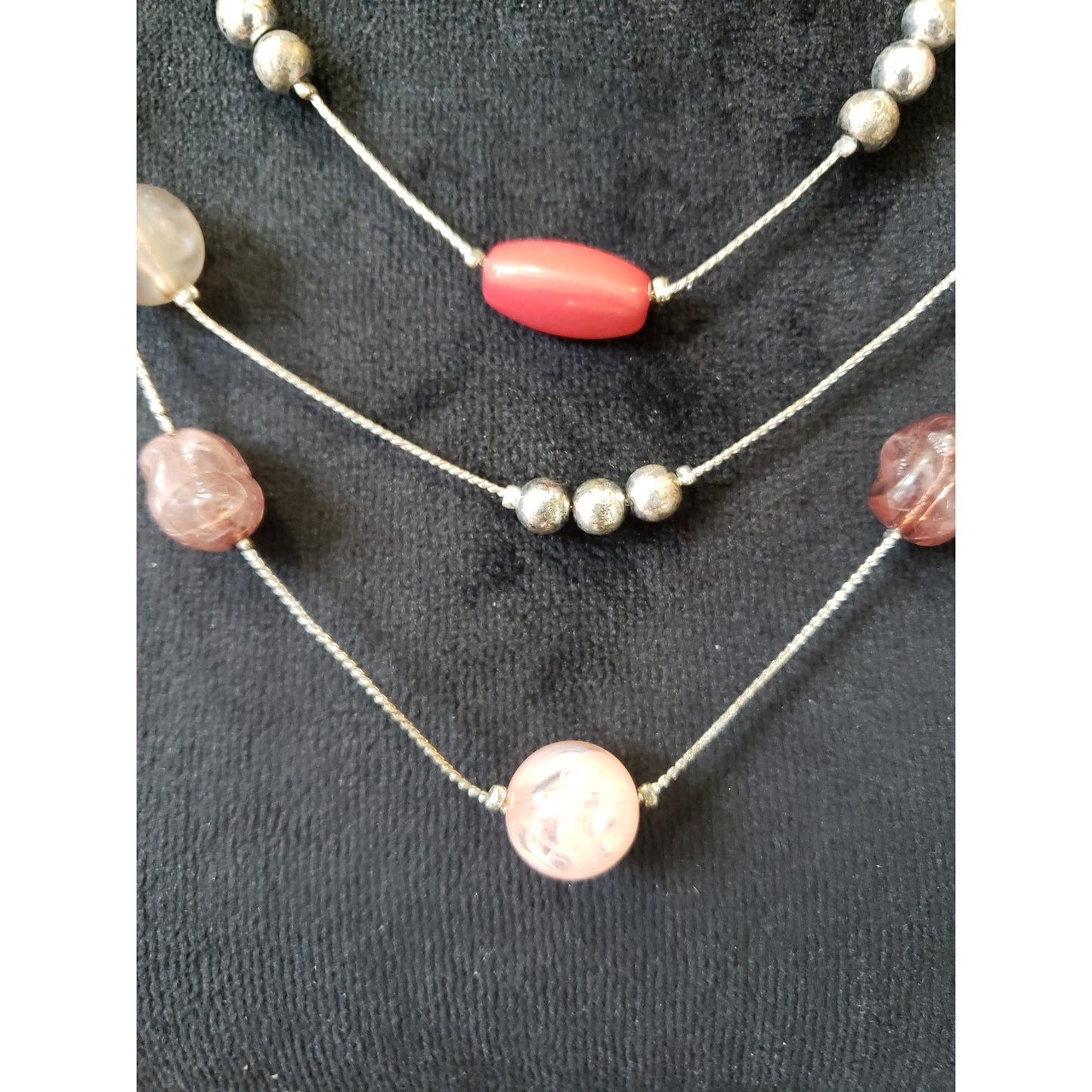 Women Layered Bead Necklace Rose Quartz Coral Stone Silver Tone Chain Clasp