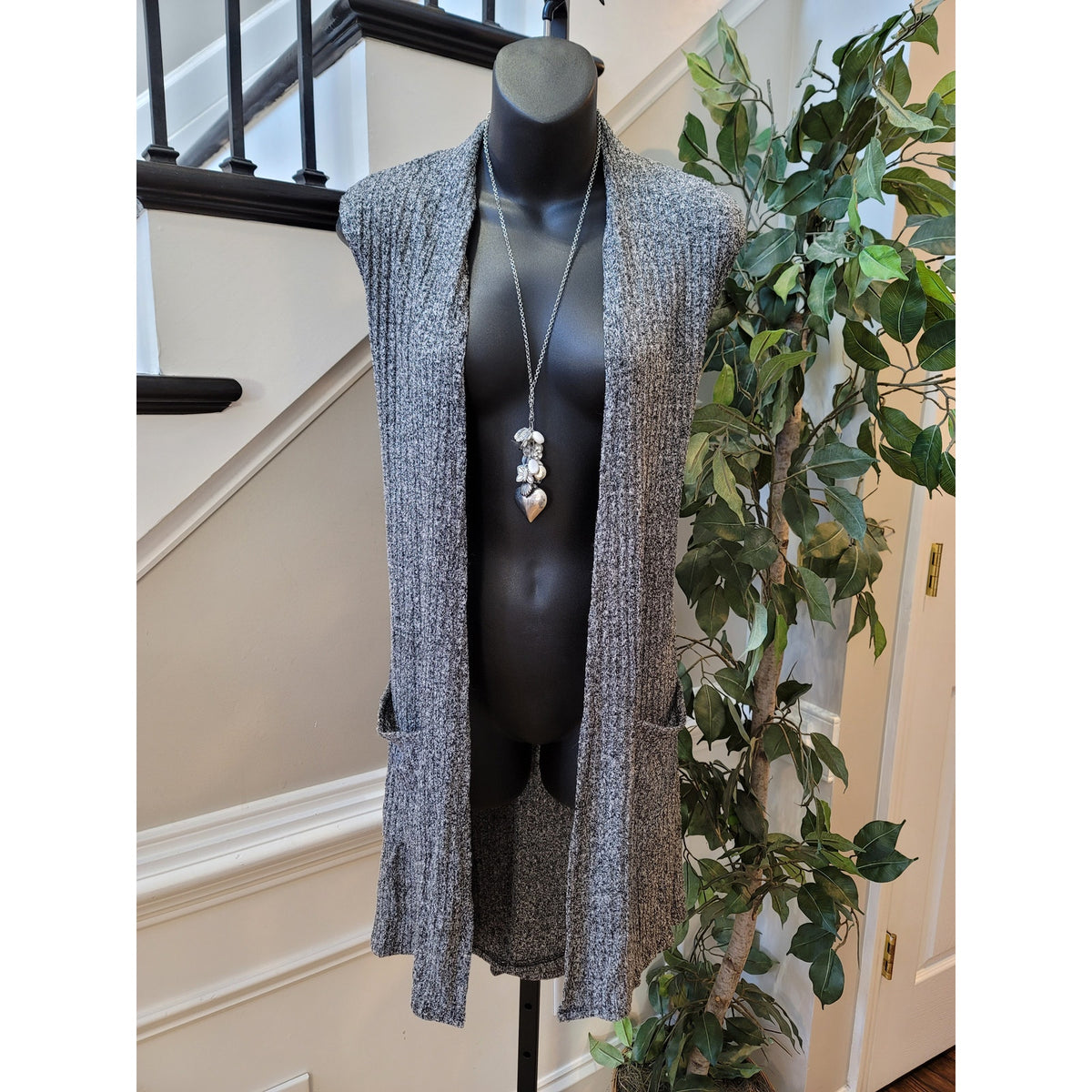 Belah & Codey Long Duster Vest Women's Size XL Gray Marled Ribbed Sleeveless