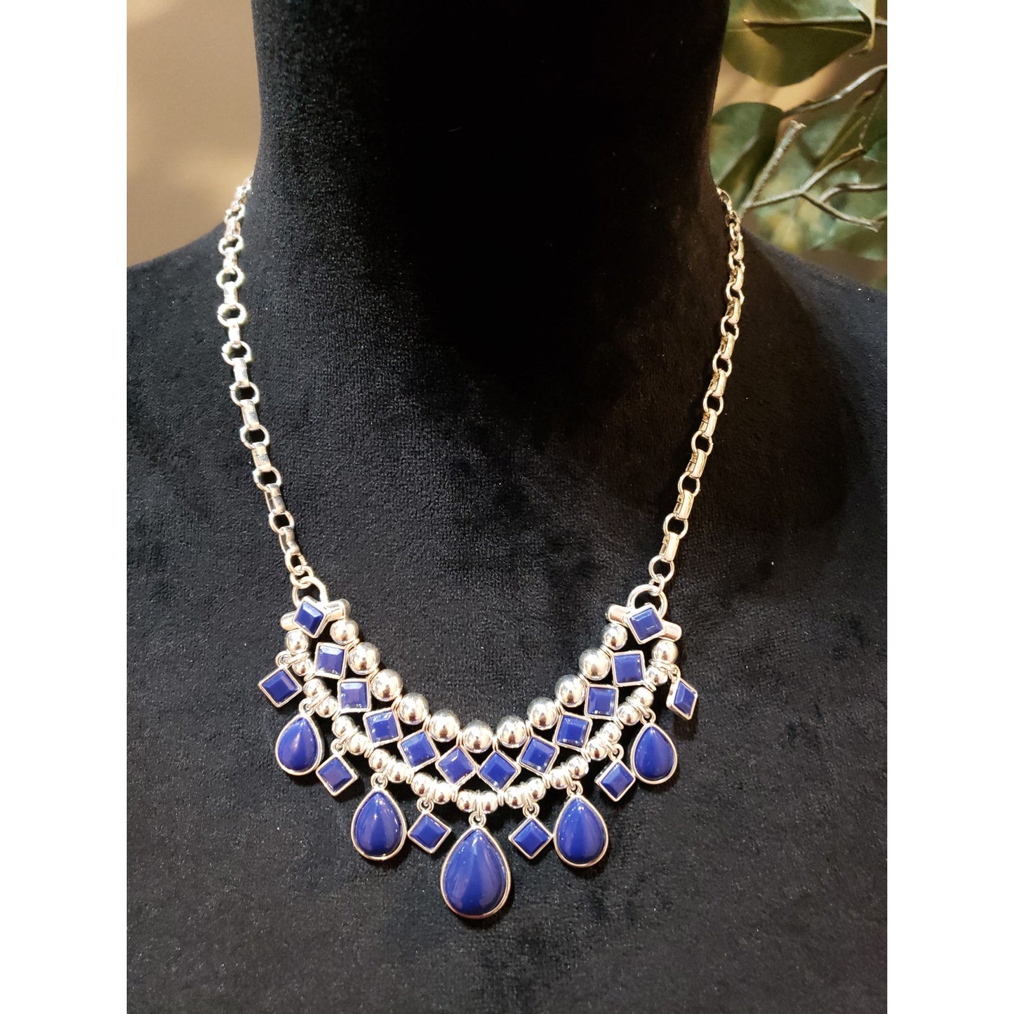 Women Silver Tone Blue Teardrop Square Bead Layered Statement Necklace Jewelry