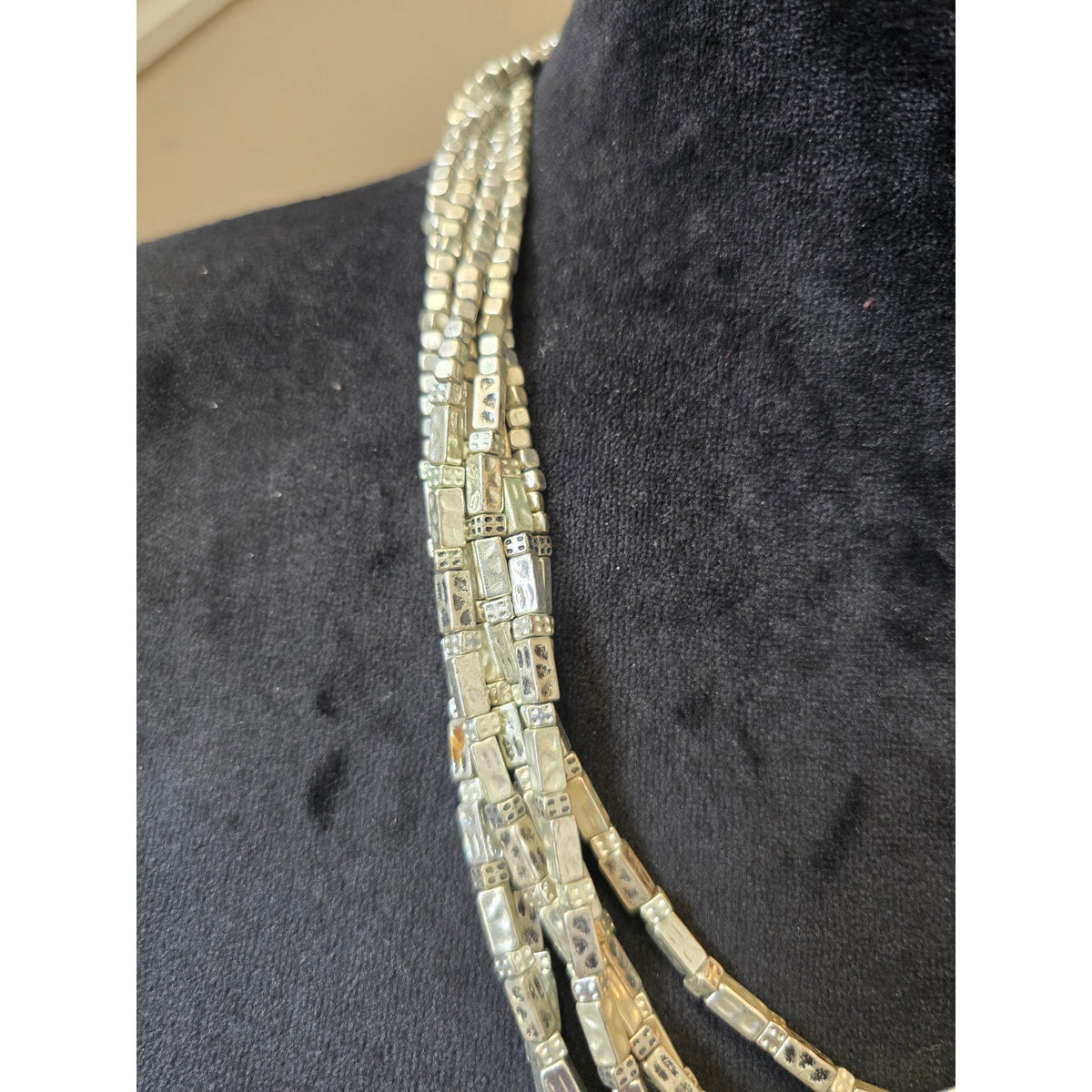 Chico's Women Layered Silver Beaded Statement Necklace Multi Strand Boho Fashion